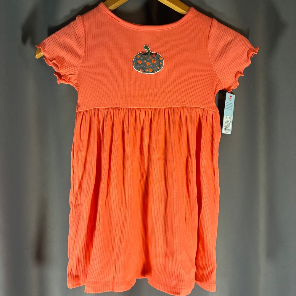 Cat & Jack Dress 4T Hawaiian Coral Ribbed Knit Pumpkin Applique Halloween